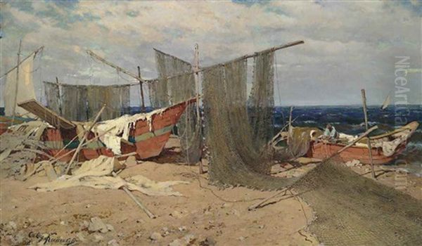 On The Seashore Oil Painting by Stepan Feodorovich Kolesnikov