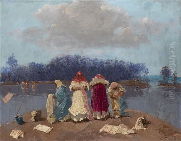 Laundry Day Oil Painting by Stepan Feodorovich Kolesnikov