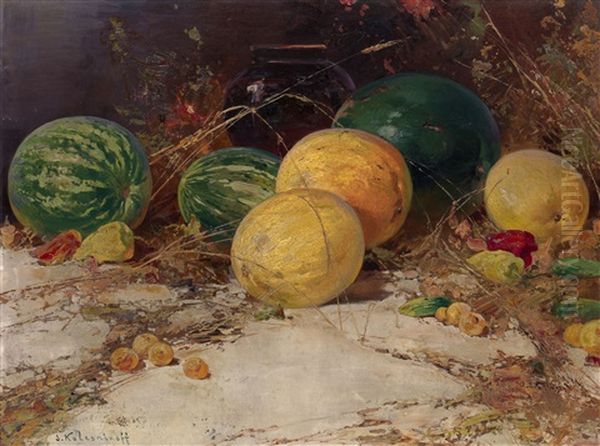 Still Life With Watermelons And Melons Oil Painting by Stepan Feodorovich Kolesnikov