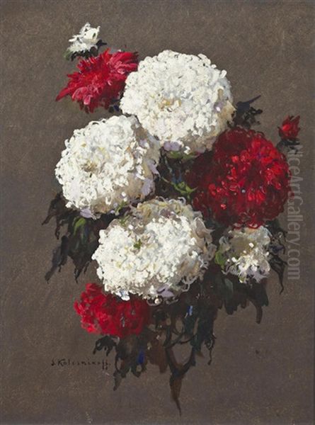 A Bouquet Of White And Red Chrysanthemums Oil Painting by Stepan Feodorovich Kolesnikov