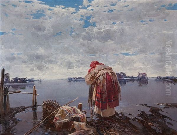 Washerwoman Oil Painting by Stepan Feodorovich Kolesnikov