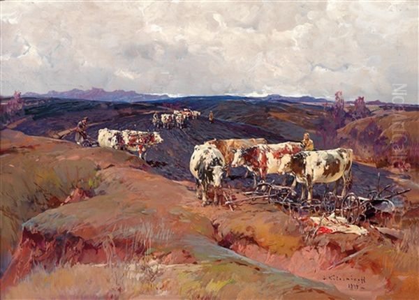 Bauern Bei Der Arbeit In Einer Hugellandschaft Oil Painting by Stepan Feodorovich Kolesnikov