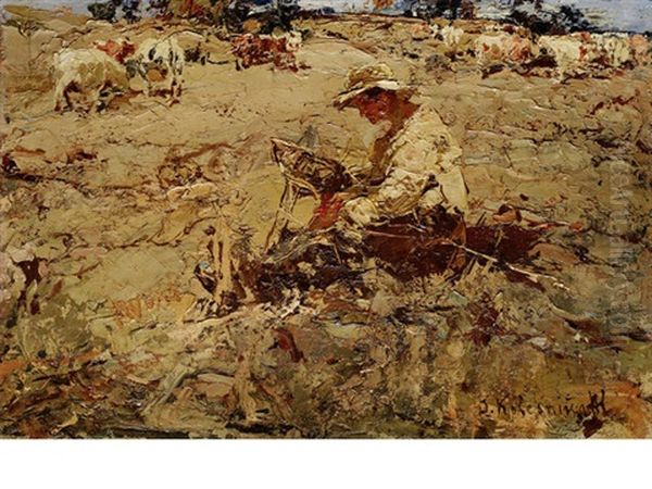 A Peasant Oil Painting by Stepan Feodorovich Kolesnikov