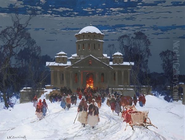 Christmas Eve Oil Painting by Stepan Feodorovich Kolesnikov