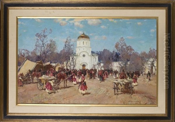 A Market Scene In Front Of A Church Oil Painting by Stepan Feodorovich Kolesnikov
