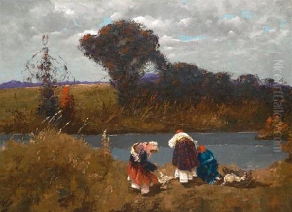 Washerwomen By The River Oil Painting by Stepan Feodorovich Kolesnikov