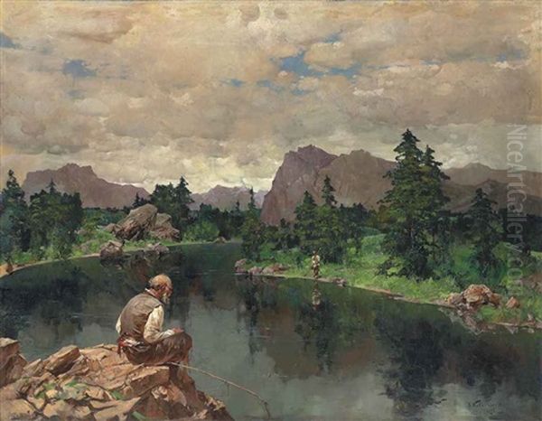 Anglers Oil Painting by Stepan Feodorovich Kolesnikov