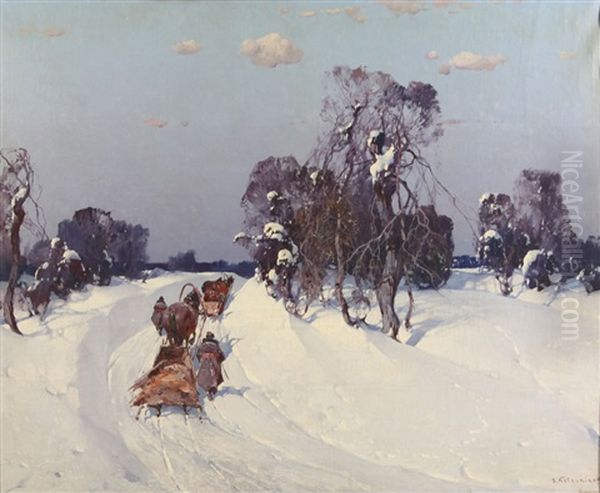 Peasants In A Horse-driven Cart Oil Painting by Stepan Feodorovich Kolesnikov