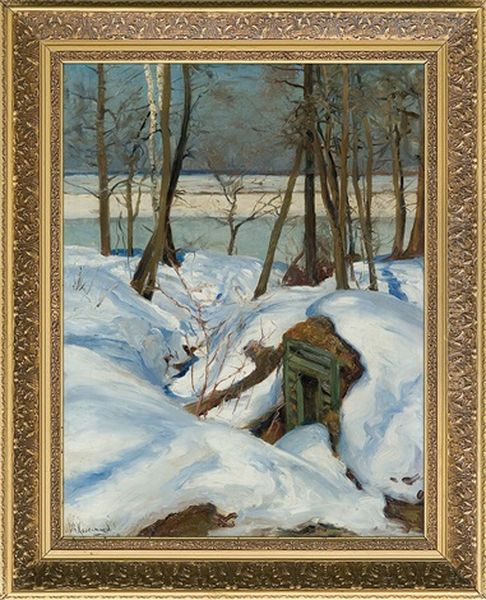 Winter Landscape With River Oil Painting by Stepan Feodorovich Kolesnikov