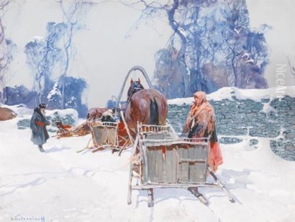 Horses In The Snow Oil Painting by Stepan Feodorovich Kolesnikov