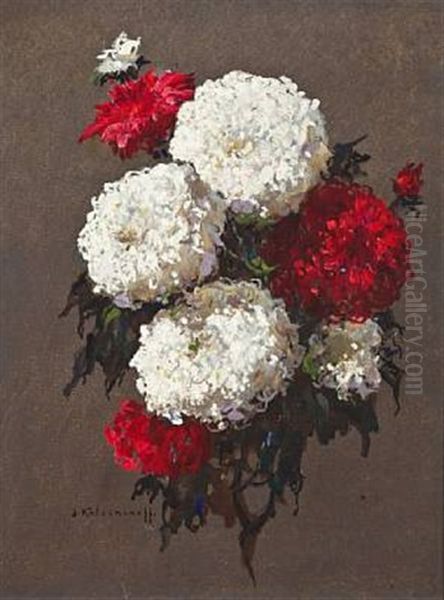 Bouquet Of White And Red Chrysanthemums Oil Painting by Stepan Feodorovich Kolesnikov