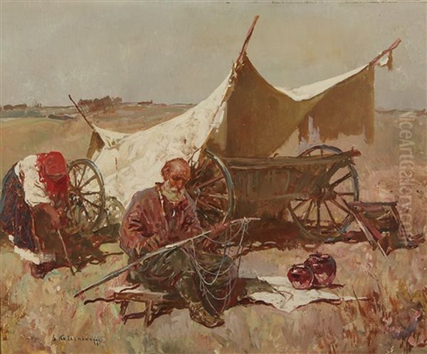 Old Man Mending A Net Oil Painting by Stepan Feodorovich Kolesnikov