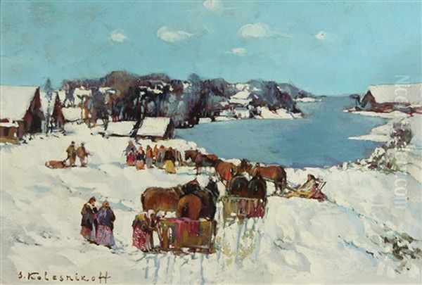 Winter Market Oil Painting by Stepan Feodorovich Kolesnikov