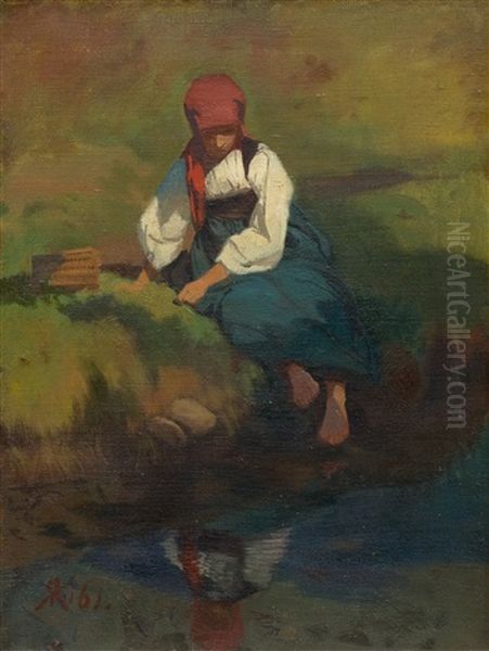 Anneli At A Well Oil Painting by Johann Rudolf Koller