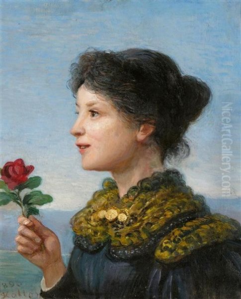 Madchenportrait Mit Einer Rose Oil Painting by Johann Rudolf Koller
