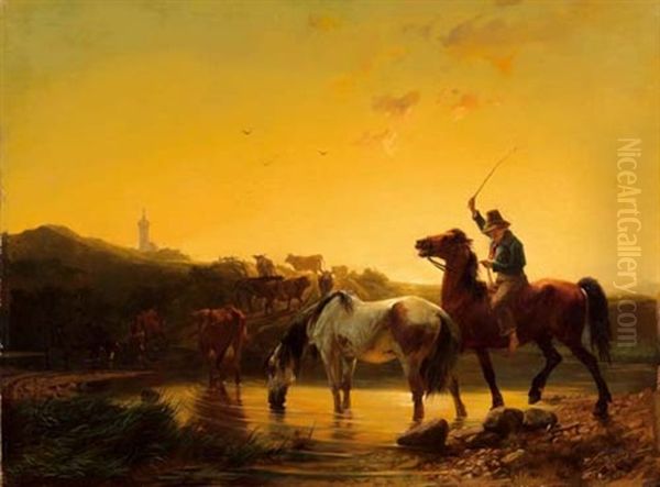 Hirt Zu Pferd Mit Seiner Herde An Einer Furt Oil Painting by Johann Rudolf Koller