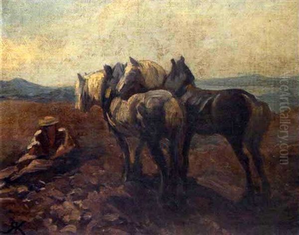 Les Chevaux Oil Painting by Johann Rudolf Koller
