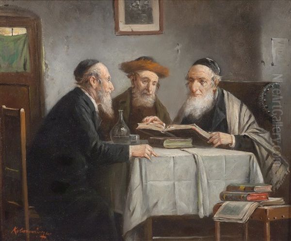 Drei Judische Gelehrte Oil Painting by Lajos Koloszvary