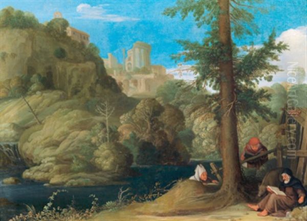Ein Einsiedler Mit Zwei Gefahrten In Einer Bewaldeten Flusslandschaft Oil Painting by Johann (Hans) Konig