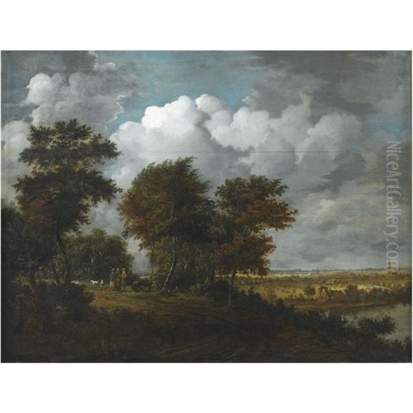 An Extensive Landscape With Figures And Sheep On A Path Through Woodland To The Left, And A Distant View Across A River To A Broad Plain To The Right Oil Painting by Philips Koninck