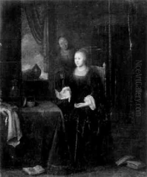 Lesende Dame In Einem Interieur Bei Einem Fenster Oil Painting by Philips Koninck