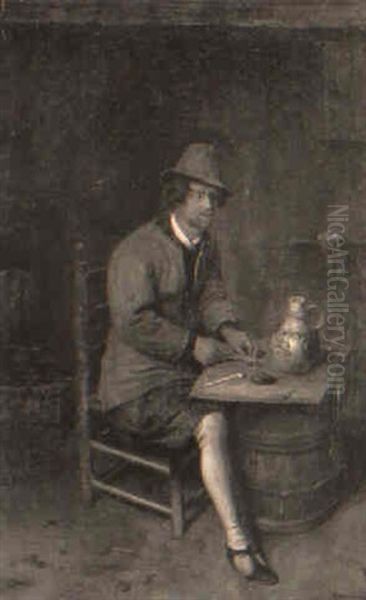 A Man At A Table In An Interior Oil Painting by Philips Koninck