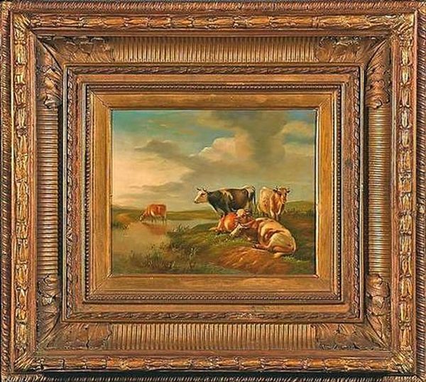 Rastende Kuhe An Einem Fluslauf Oil Painting by Leendert de Koningh