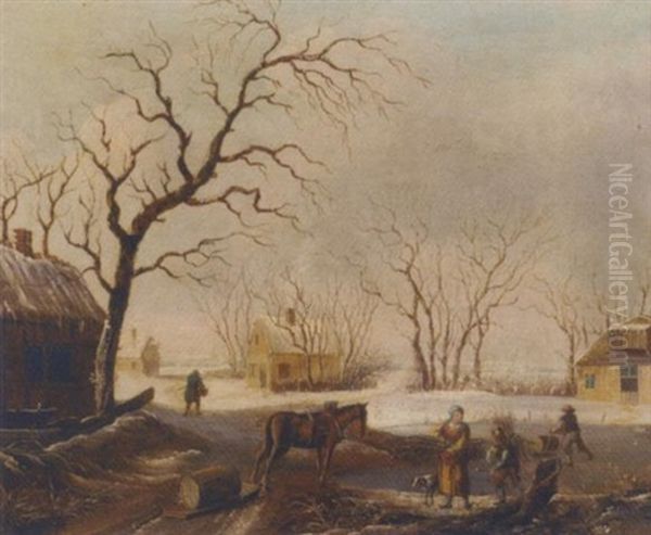 Firewood Gatherers By A Frozen River In A Dutch Hamlet Oil Painting by Leendert de Koningh