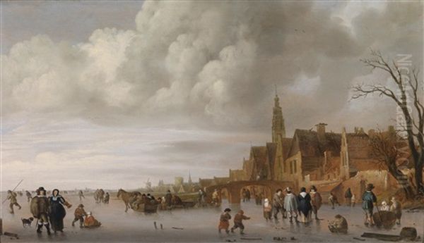 Winterlandschaft Mit Eislaufern Vor Einer Stadt Oil Painting by Willem Gillisz Kool