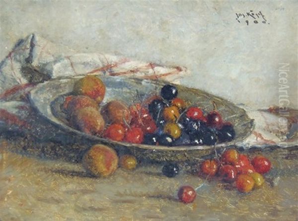 Still Life Of Cherries And Peaches Oil Painting by Josef Koepf