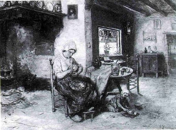 A Kitchen Interior With A Mother And Child Oil Painting by Cornelis Koppenol