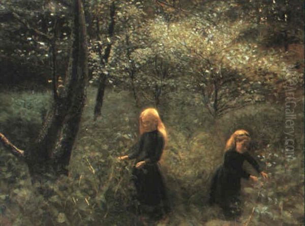 To Sm+ Piger, Der Plukker Baer I En Frugthave Oil Painting by Valdemar Kornerup