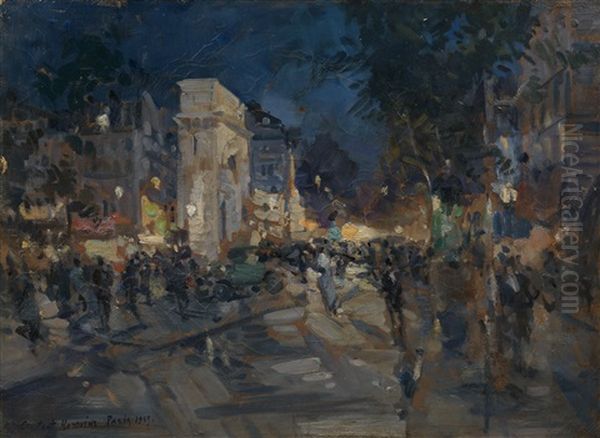 Porte Saint-martin By Night, Paris Oil Painting by Konstantin Alexeievitch Korovin