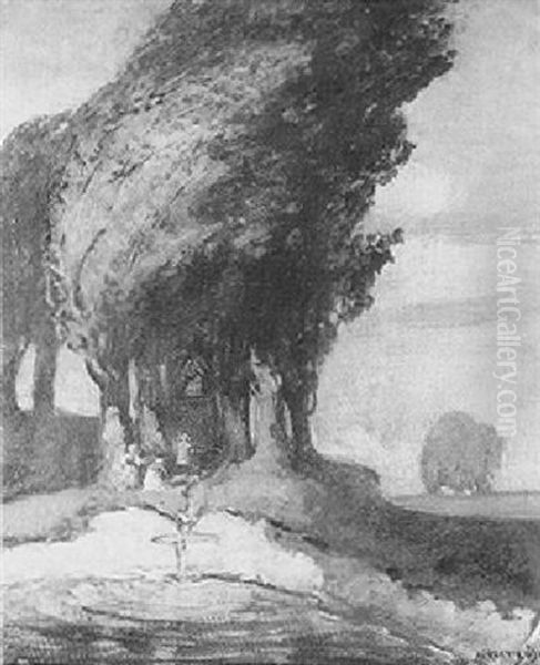 Pappel Im Sturm, Darunter Marienbildstock Und Wanderer Bei Der Andacht Oil Painting by Stanislaus von Korzeniewski