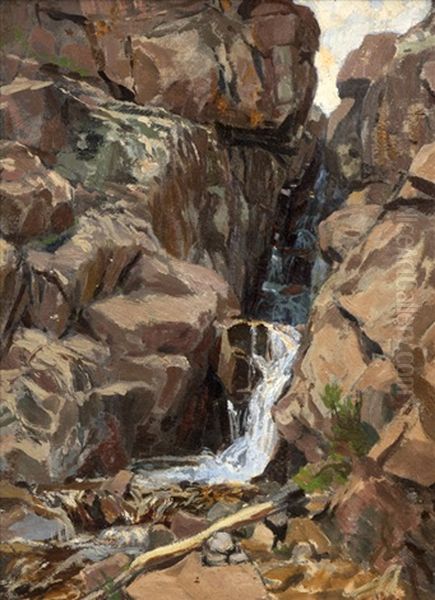 Waterfall Running Through Rock Canyon Oil Painting by Emil Kosa Sr.