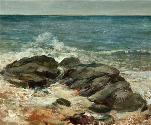 Waves On Rocks, Pacific Ocean Oil Painting by Emil Kosa Sr.