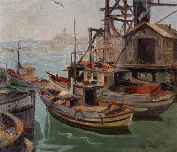 Harbor Scene (san Pedro?) Oil Painting by Emil Kosa Sr.