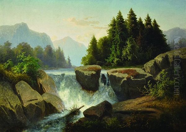Mountain Landscape With Waterfall Oil Painting by Adolf Kosarek