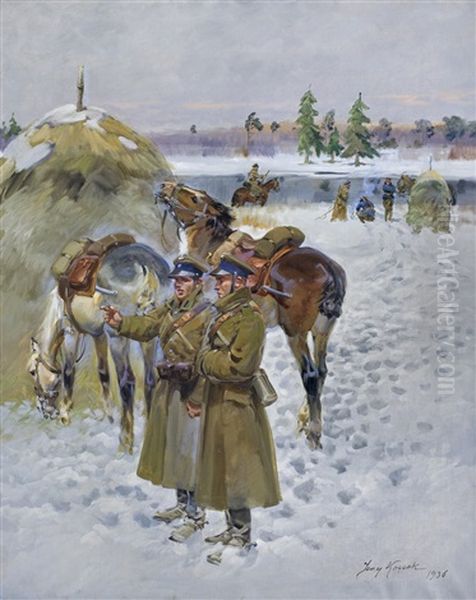 Winter Patrol Oil Painting by Jerzy Kossak