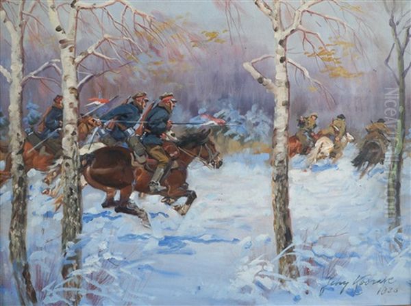 Jagande Militarer Oil Painting by Jerzy Kossak