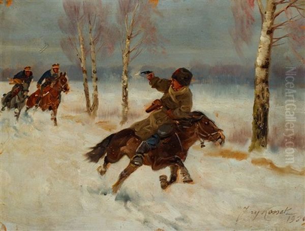 Poscig Polskich Ulanow Za Bolszewikiem Oil Painting by Jerzy Kossak