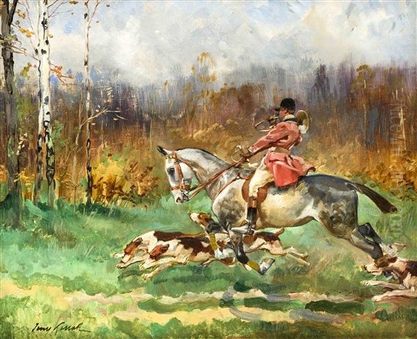 Jager In Sein Horn Blasend Reitet In Vollem Galopp Uber Eine Waldlichtung, Begleitet Von Einer Meute Jagdhunden Oil Painting by Jerzy Kossak