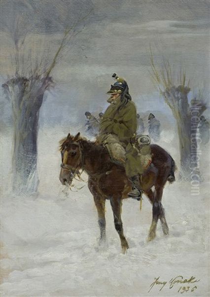 Cuirassier In Retreat From Moscow 1936 Oil Painting by Jerzy Kossak