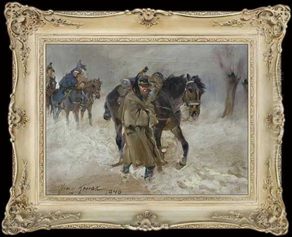 Napoleonic Soldiers Retreating From Moscow Oil Painting by Jerzy Kossak