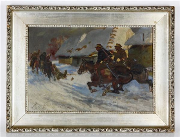 Police Chasing Horse Bandits Oil Painting by Jerzy Kossak