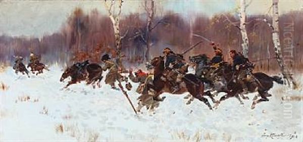 Winter Scene With Soldiers On Horseback Oil Painting by Jerzy Kossak