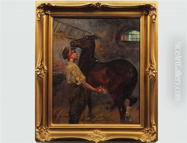 Soldier/uhlan Grooming His Horse In Barn Oil Painting by Jerzy Kossak