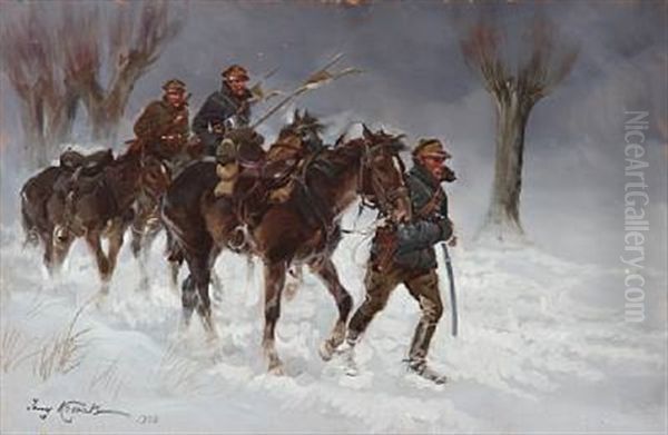 Soldiers In Winter Oil Painting by Jerzy Kossak