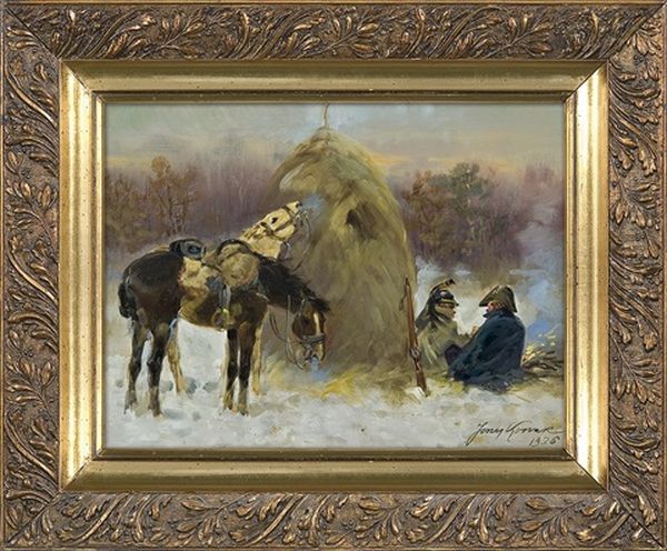 Napoleon Soldiers Resting Oil Painting by Jerzy Kossak