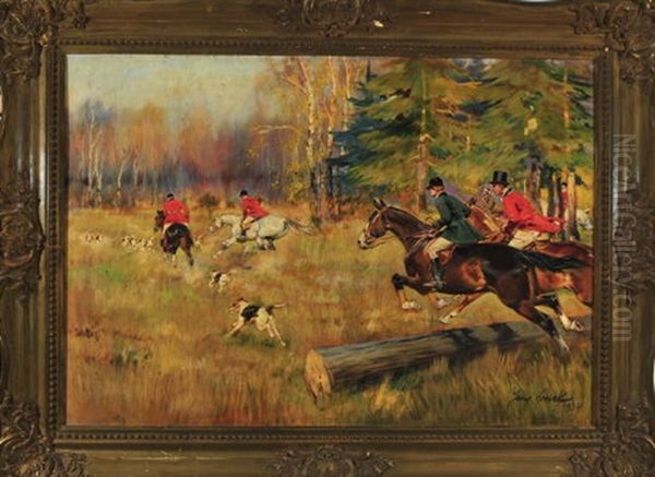 Parforcejagd - Reiter Und Hunde Springen Uber Baumstamme Und Jagen Uber Eine Waldwiese Oil Painting by Jerzy Kossak